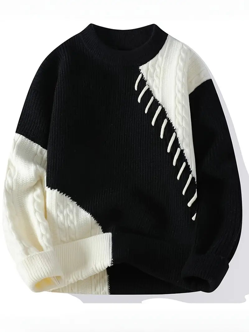 Commisely Two-Tone Patchwork Knitted Sweater – Beige & Ivory