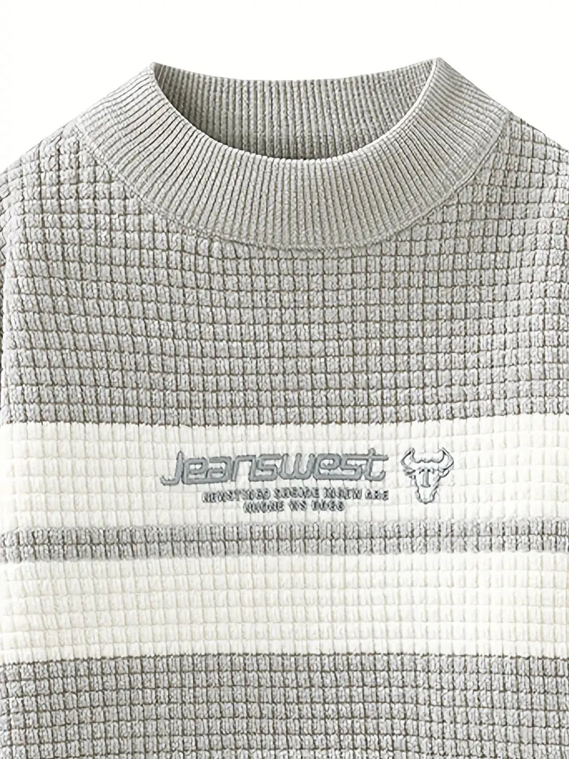 Commisely Textured Knit Sweater – Cream & Gray Block Stripe