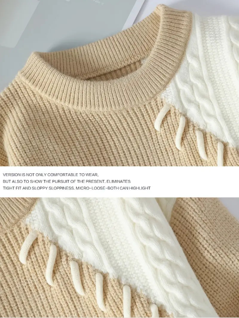 Commisely Two-Tone Patchwork Knitted Sweater – Beige & Ivory