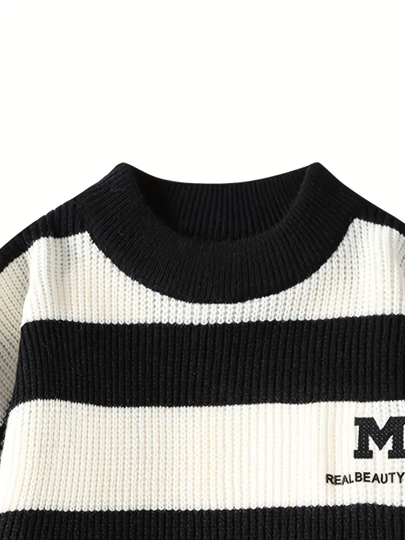 Commisely Striped Knitted Sweater – Sky Blue & Cream