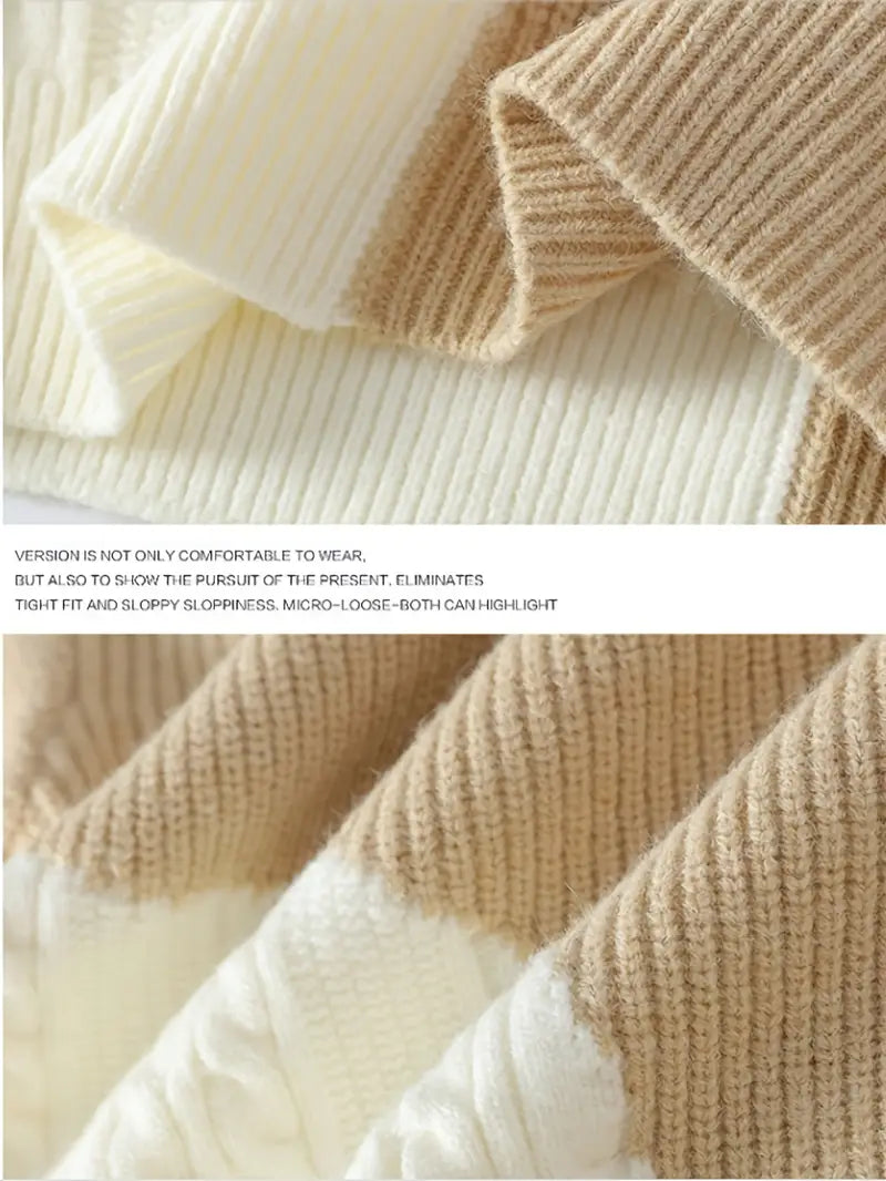 Commisely Two-Tone Patchwork Knitted Sweater – Beige & Ivory
