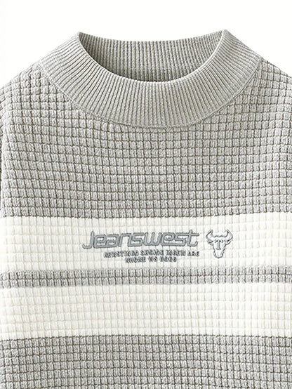 Commisely Textured Knit Sweater – Cream & Gray Block Stripe